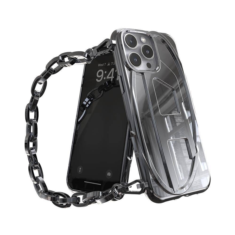 Diesel iPhone 16 Pro Max Oval D Parlak Zincirli Kılıf - Gümüş