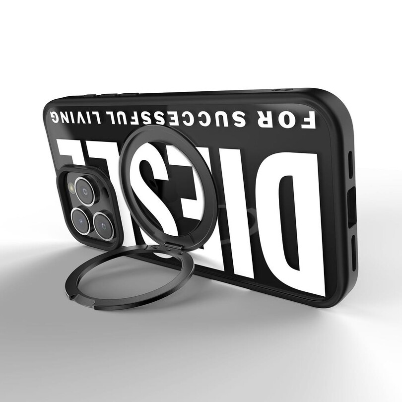 Diesel iPhone 16 Pro Max Uyumlu Magsafe Destekli Yüzük Standlı Kılıf - Siyah/Beyaz - Thumbnail