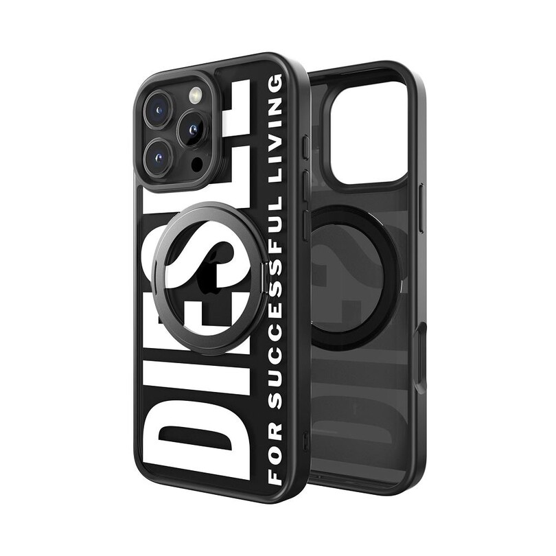 Diesel iPhone 16 Pro Max Uyumlu Magsafe Destekli Yüzük Standlı Kılıf - Siyah/Beyaz - Thumbnail