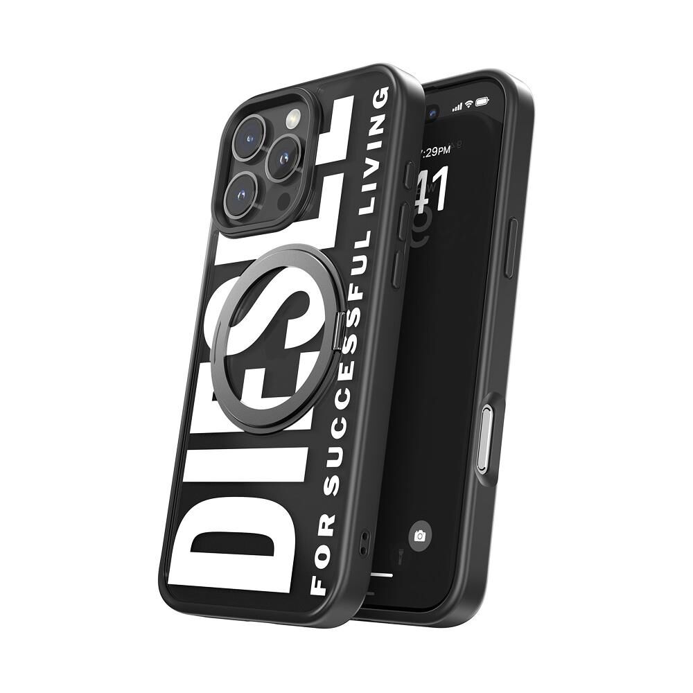 Diesel iPhone 16 Pro Max Uyumlu Magsafe Destekli Yüzük Standlı Kılıf - Siyah/Beyaz