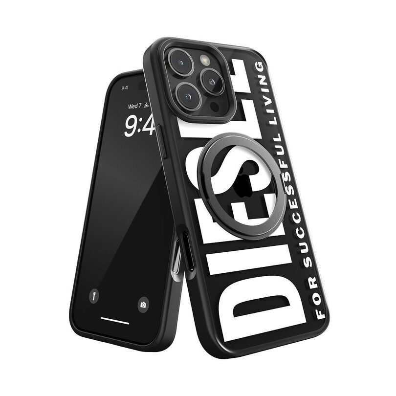 Diesel iPhone 16 Pro Max Uyumlu Magsafe Destekli Yüzük Standlı Kılıf - Siyah/Beyaz - Thumbnail
