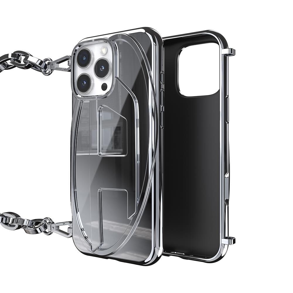 Diesel iPhone 16 Pro Max Uyumlu Oval D Parlak Zincirli Kılıf - Gümüş