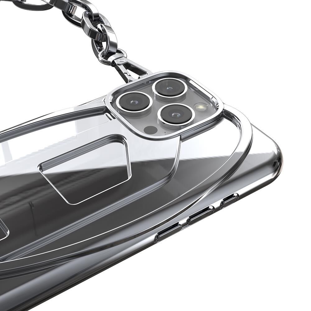 Diesel iPhone 16 Pro Max Uyumlu Oval D Parlak Zincirli Kılıf - Gümüş