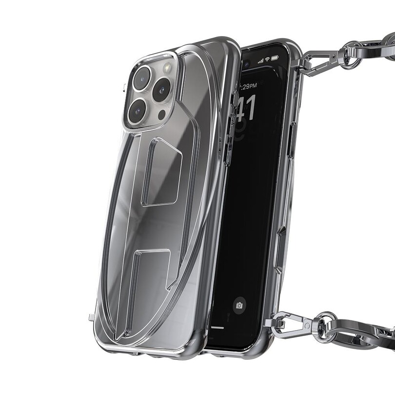 Diesel iPhone 16 Pro Max Uyumlu Oval D Parlak Zincirli Kılıf - Gümüş - Thumbnail