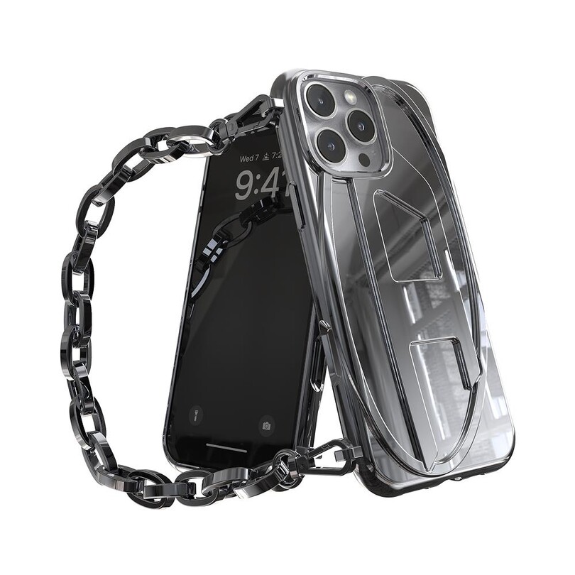 Diesel iPhone 16 Pro Max Uyumlu Oval D Parlak Zincirli Kılıf - Gümüş - Thumbnail