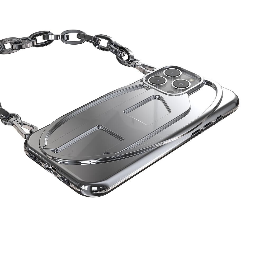 Diesel iPhone 16 Pro Max Uyumlu Oval D Parlak Zincirli Kılıf - Gümüş