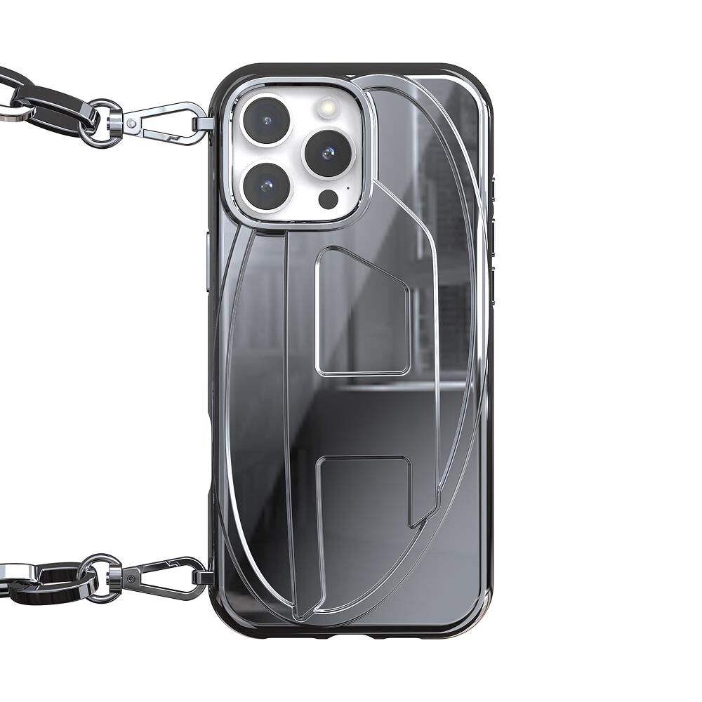 Diesel iPhone 16 Pro Max Uyumlu Oval D Parlak Zincirli Kılıf - Gümüş