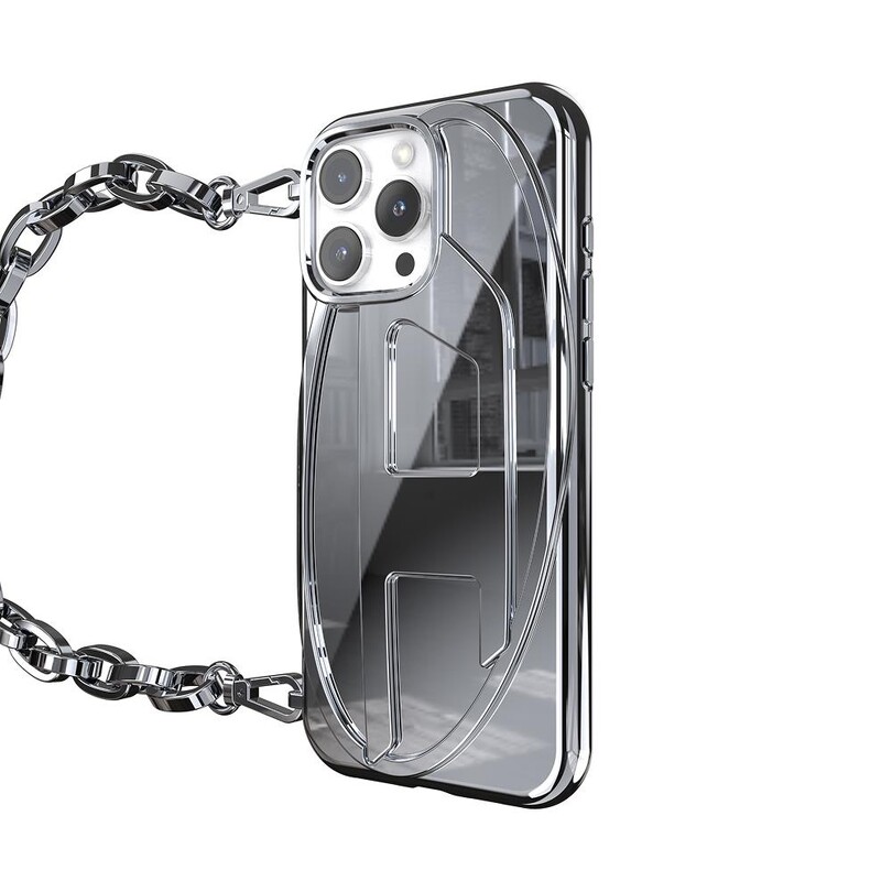 Diesel iPhone 16 Pro Max Uyumlu Oval D Parlak Zincirli Kılıf - Gümüş - Thumbnail