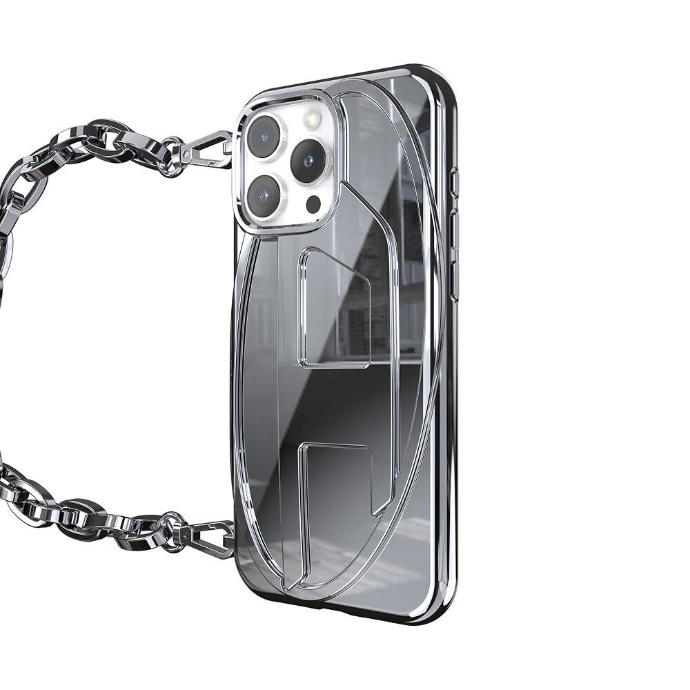Diesel iPhone 16 Pro Max Uyumlu Oval D Parlak Zincirli Kılıf - Gümüş