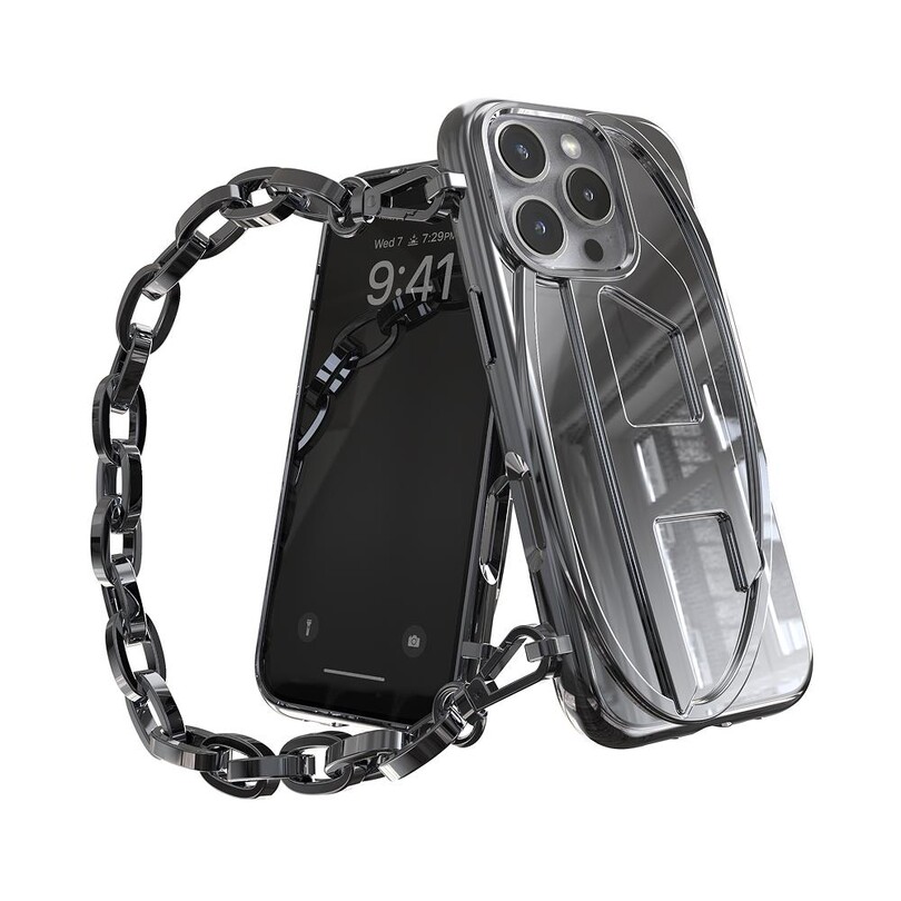 Diesel iPhone 16 Pro Oval D Parlak Zincirli Kılıf - Gümüş - Thumbnail