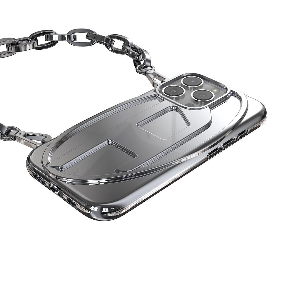 Diesel iPhone 16 Pro Oval D Parlak Zincirli Kılıf - Gümüş