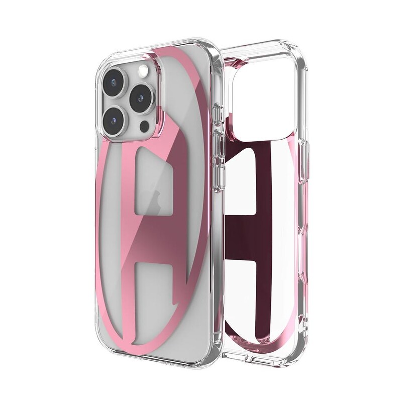 Diesel iPhone 16 Pro Uyumlu Oval D Mirror Şeffaf Kılıf - Şeffaf/Pembe - Thumbnail