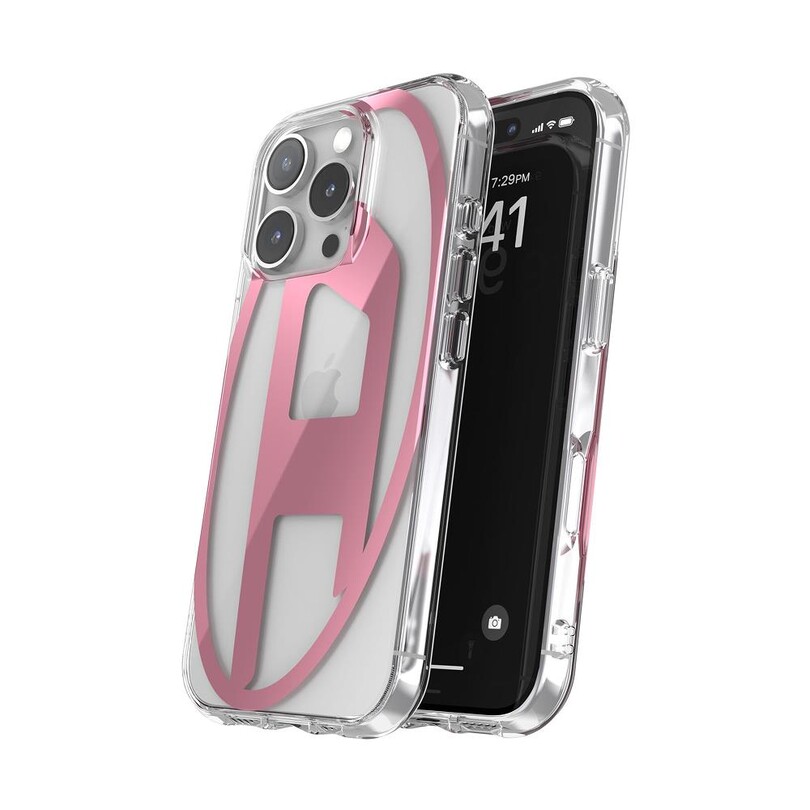 Diesel iPhone 16 Pro Uyumlu Oval D Mirror Şeffaf Kılıf - Şeffaf/Pembe - Thumbnail