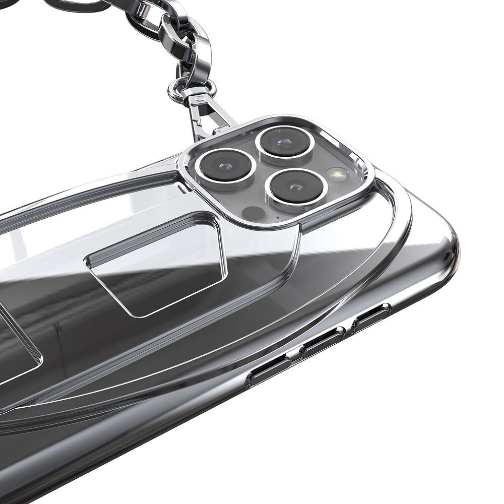 Diesel iPhone 16 Pro Uyumlu Oval D Parlak Zincirli Kılıf - Gümüş