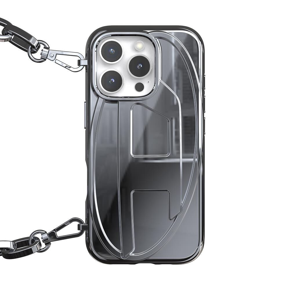 Diesel iPhone 16 Pro Uyumlu Oval D Parlak Zincirli Kılıf - Gümüş