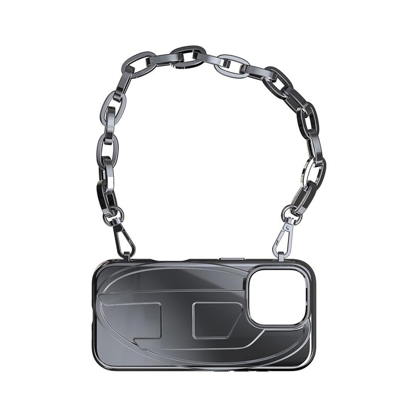 Diesel iPhone 16 Pro Uyumlu Oval D Parlak Zincirli Kılıf - Gümüş - Thumbnail