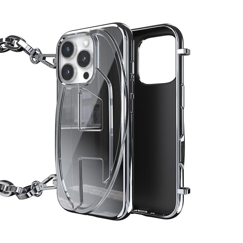 DIESEL TELEFON AKS. - Diesel iPhone 16 Pro Uyumlu Oval D Parlak Zincirli Kılıf - Gümüş