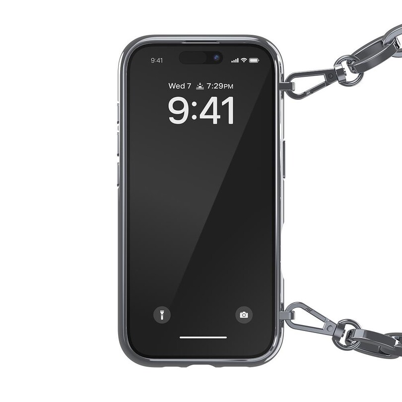 Diesel iPhone 16 Pro Uyumlu Oval D Parlak Zincirli Kılıf - Gümüş - Thumbnail