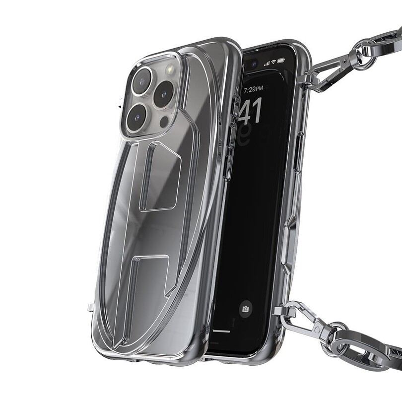 Diesel iPhone 16 Pro Uyumlu Oval D Parlak Zincirli Kılıf - Gümüş - Thumbnail