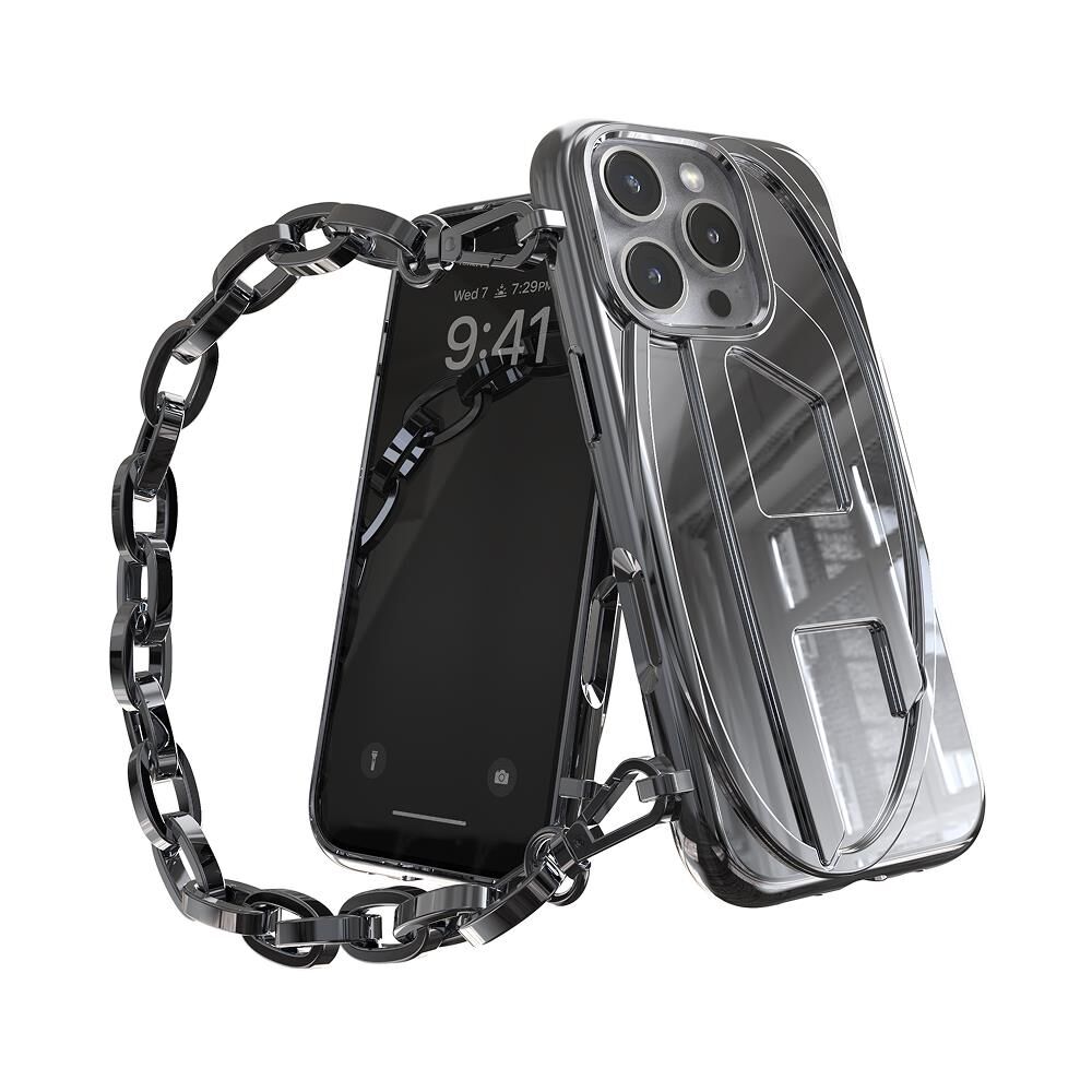 Diesel iPhone 16 Pro Uyumlu Oval D Parlak Zincirli Kılıf - Gümüş
