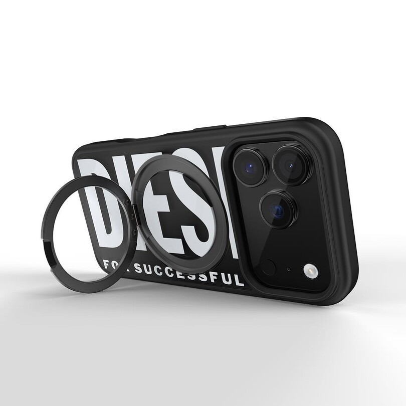 Diesel iPhone 17 Pro Uyumlu Magsafe Destekli Yüzük Standlı Kılıf - Siyah/Beyaz - Thumbnail