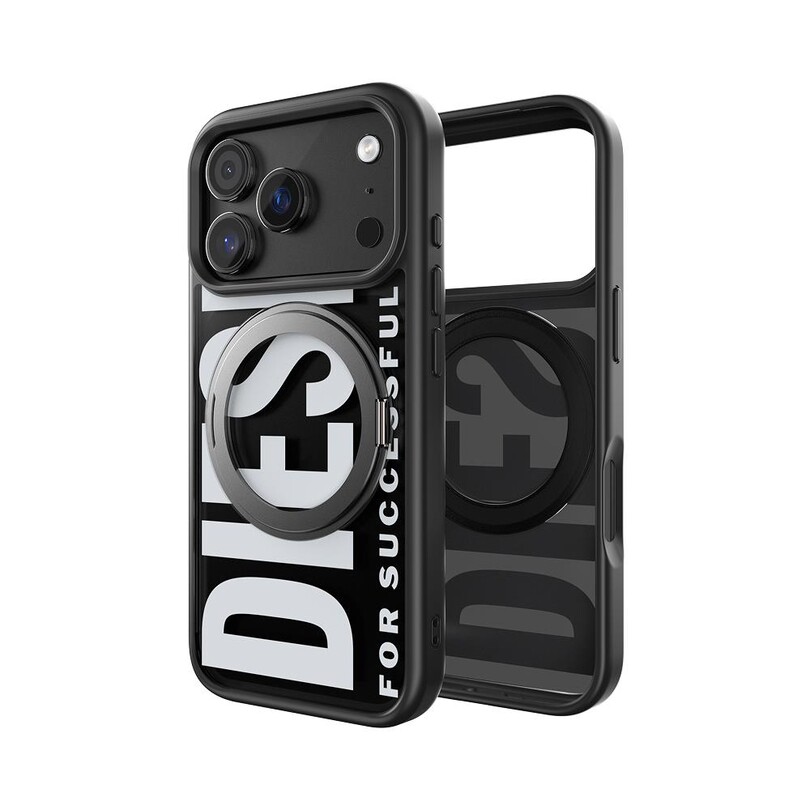 Diesel iPhone 17 Pro Uyumlu Magsafe Destekli Yüzük Standlı Kılıf - Siyah/Beyaz - Thumbnail