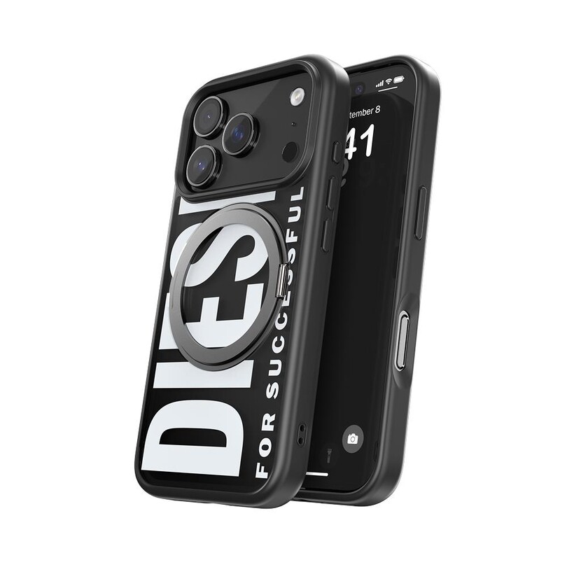 Diesel iPhone 17 Pro Uyumlu Magsafe Destekli Yüzük Standlı Kılıf - Siyah/Beyaz - Thumbnail